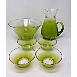 Vintage Blendo Lime Green Ombre Bowl Set w/ Pitcher & 4 Cups Gold Rim 6pc